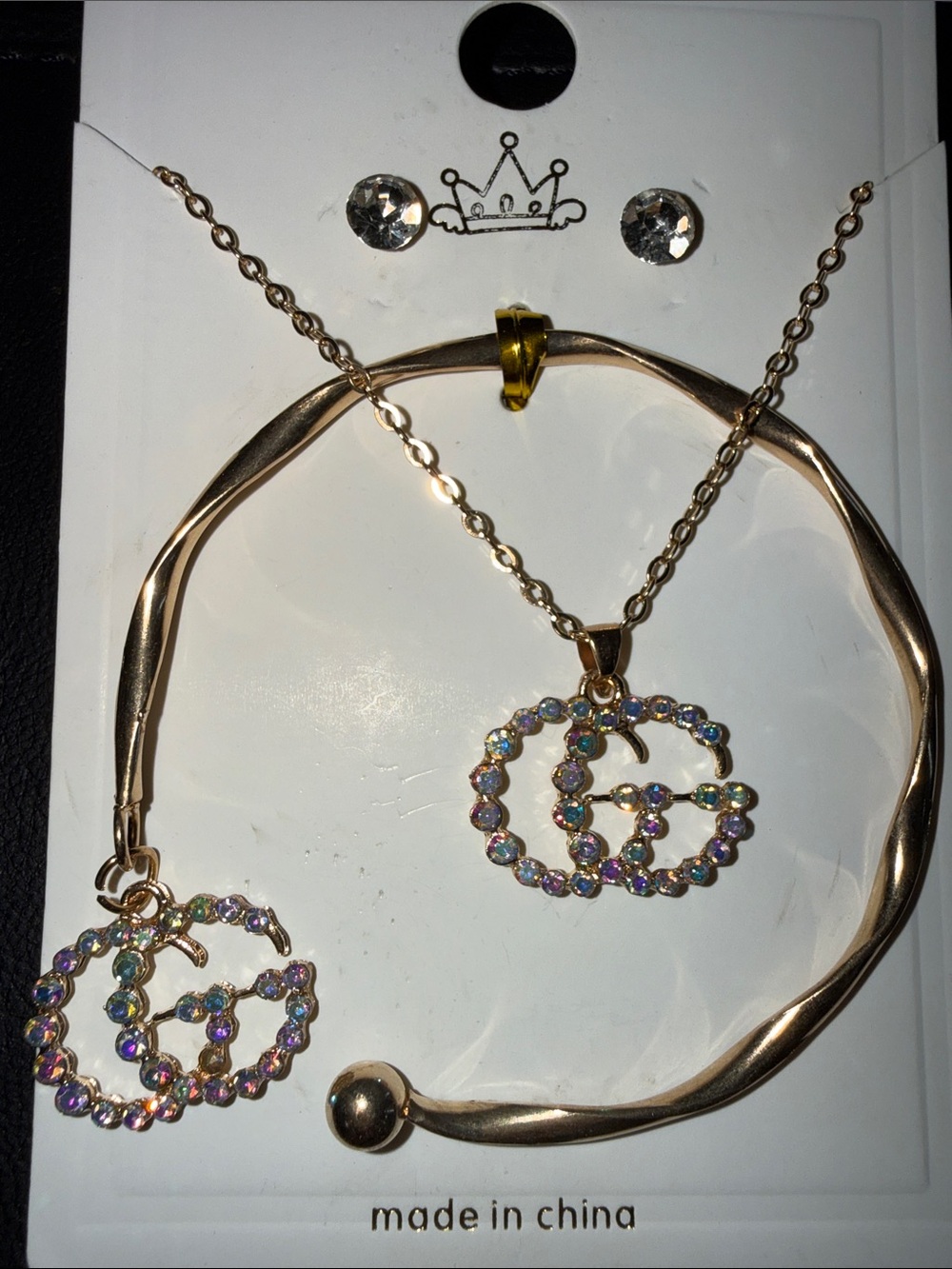 Gold-Tone Crystal Double-G Pendant Necklace & Bracelet Set - Women Jewelry